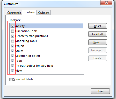Customize dialogue - toolbars